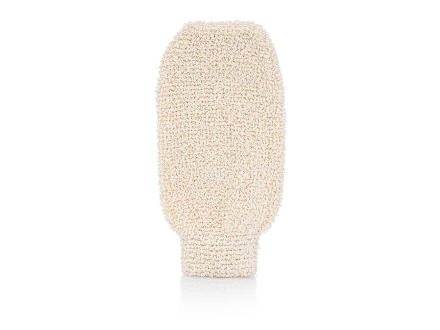 Beige scrubber mitt on a white background