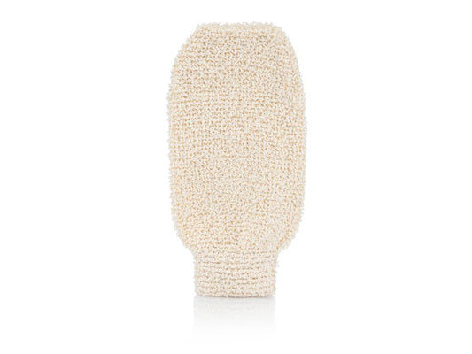 Beige scrubber mitt on a white background